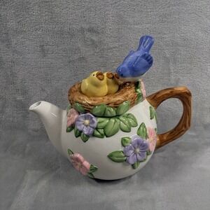 Vintage Ceramic Telaflora Teapot with Blue and Yellow Birds in Nest - 9" by 7.5"